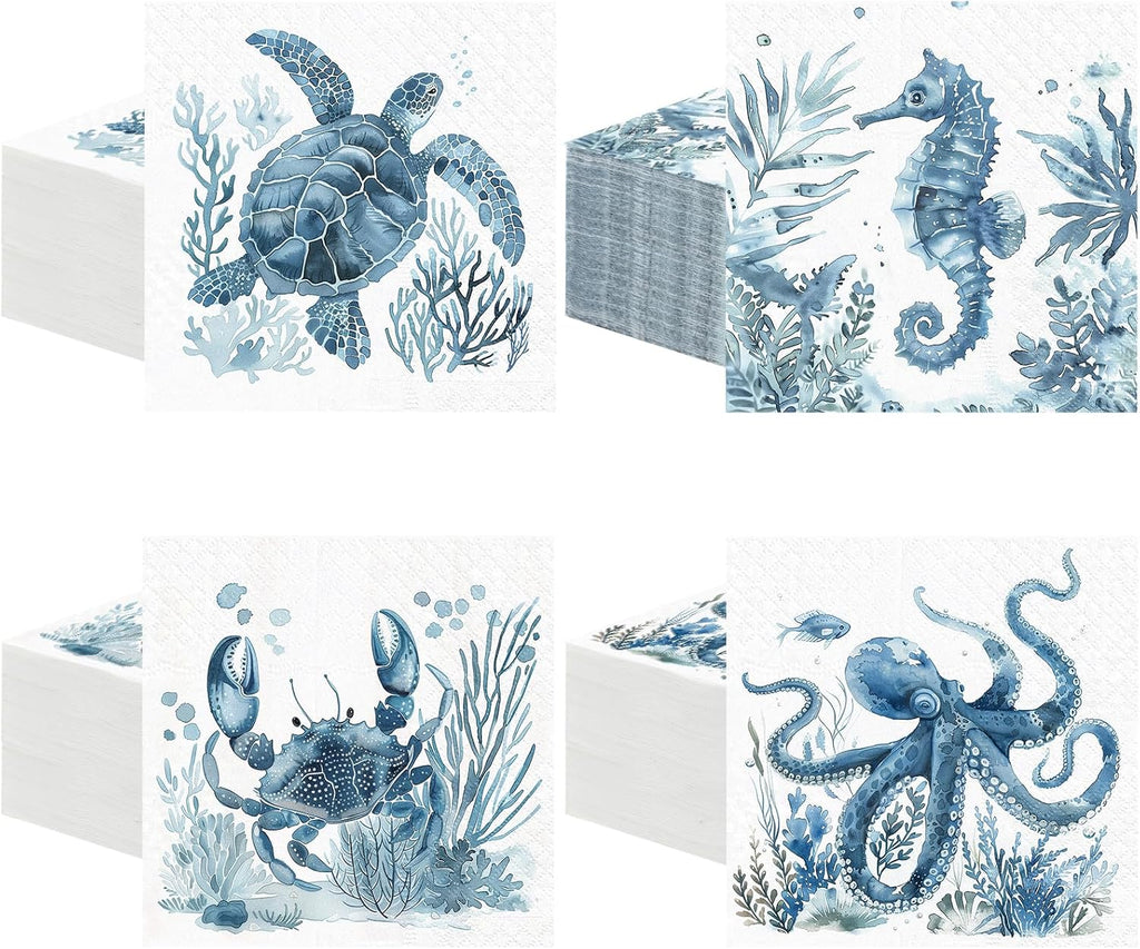 Fulmoon 200 Pieces Blue Ocean Animal Paper Napkins Under The Sea Turtle Octopus Disposable Napkin Nautical Dessert Guest Towels for Summer Baby Shower Dinner Party Supplies
