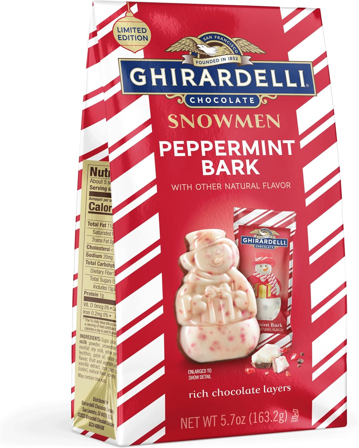 GHIRARDELLI Peppermint Bark Snowmen – Limited Edition Holiday Chocolate Candy Featuring Layers of Rich Chocolate Layers with Festive Peppermint Flavor, 5.7 oz Bag
