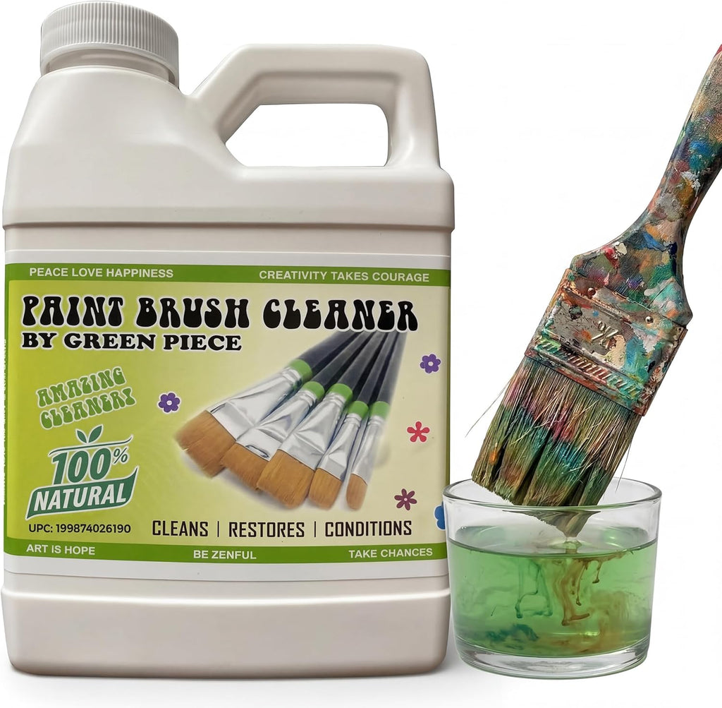 Green Piece® Paint Brush Cleaner & Restorer – 100% Natural, Non-Toxic Formula – Made in USA – Cleans Wet or Dry Paint – Safe for Hands – Works on Acrylic, Latex, Oil & Shellac – 18 Oz