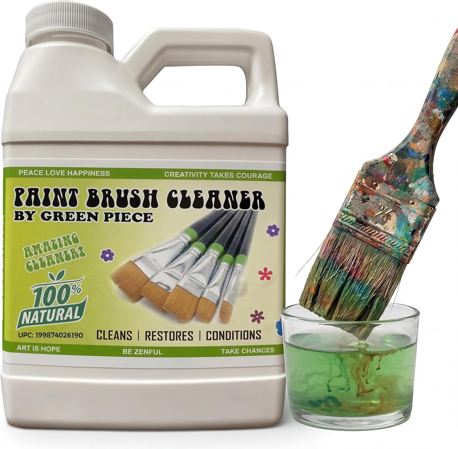 Green Piece® Paint Brush Cleaner & Restorer – 100% Natural, Non-Toxic Formula – Made in USA – Cleans Wet or Dry Paint – Safe for Hands – Works on Acrylic, Latex, Oil & Shellac – 18 Oz