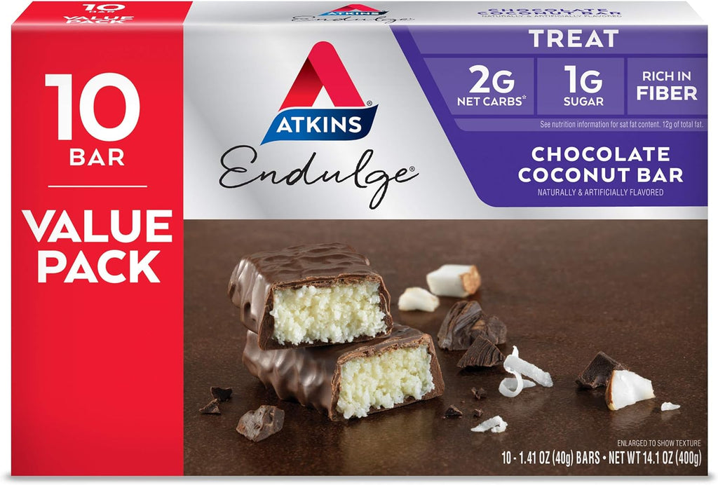Atkins Endulge Chocolate Coconut Bar, Dessert Favorite, High in Fiber, 1g Sugar, 10 Count