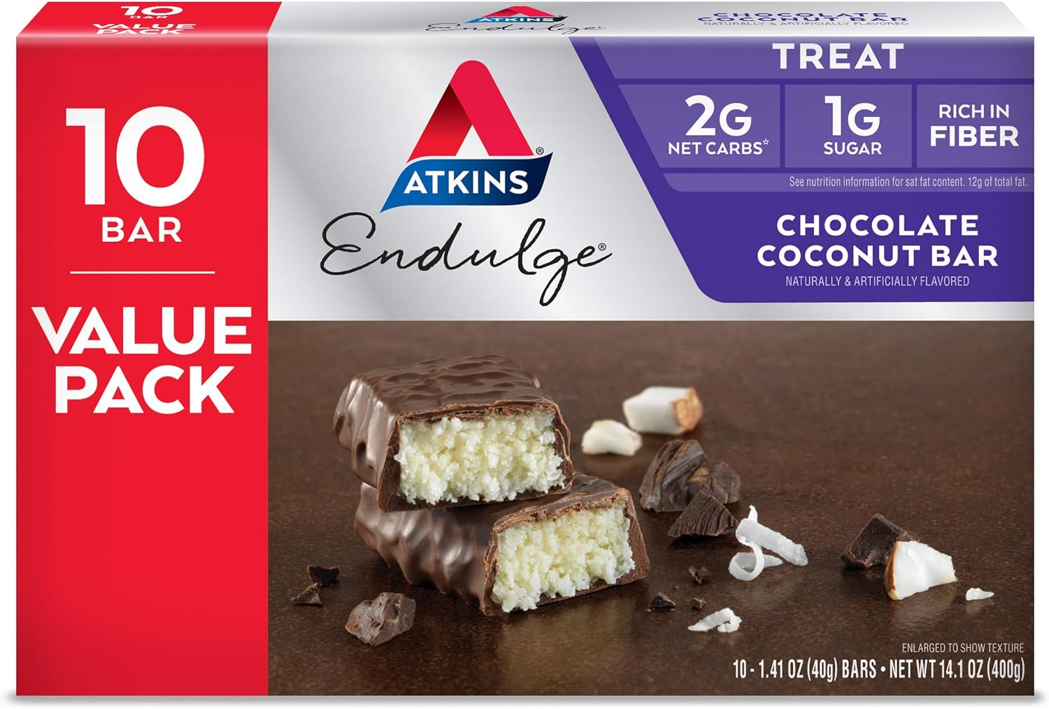 Atkins Endulge Chocolate Coconut Bar, Dessert Favorite, High in Fiber, 1g Sugar, 10 Count