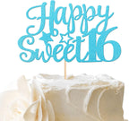 1 Pack Happy Sweet 16 Cake Topper Glitter 16th Birthday Cake Pick for Cheers to 16 Years Old 16th Birthday Party Cake Decorations Supplies Light Blue