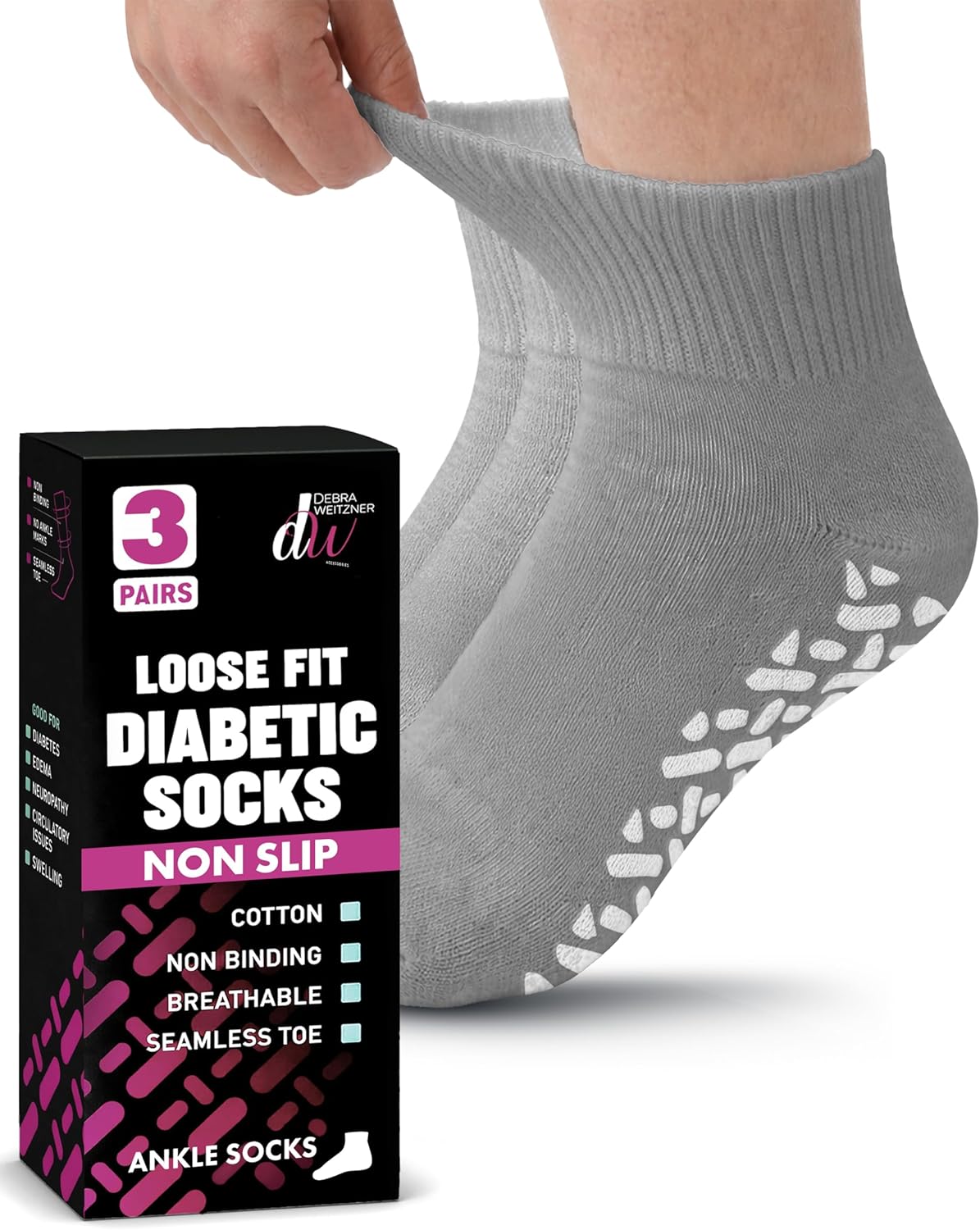 Debra Weitzner Non-Binding Loose Fit Sock - Non-Slip Diabetic Socks for Men and Women - Crew 3Pk Grey