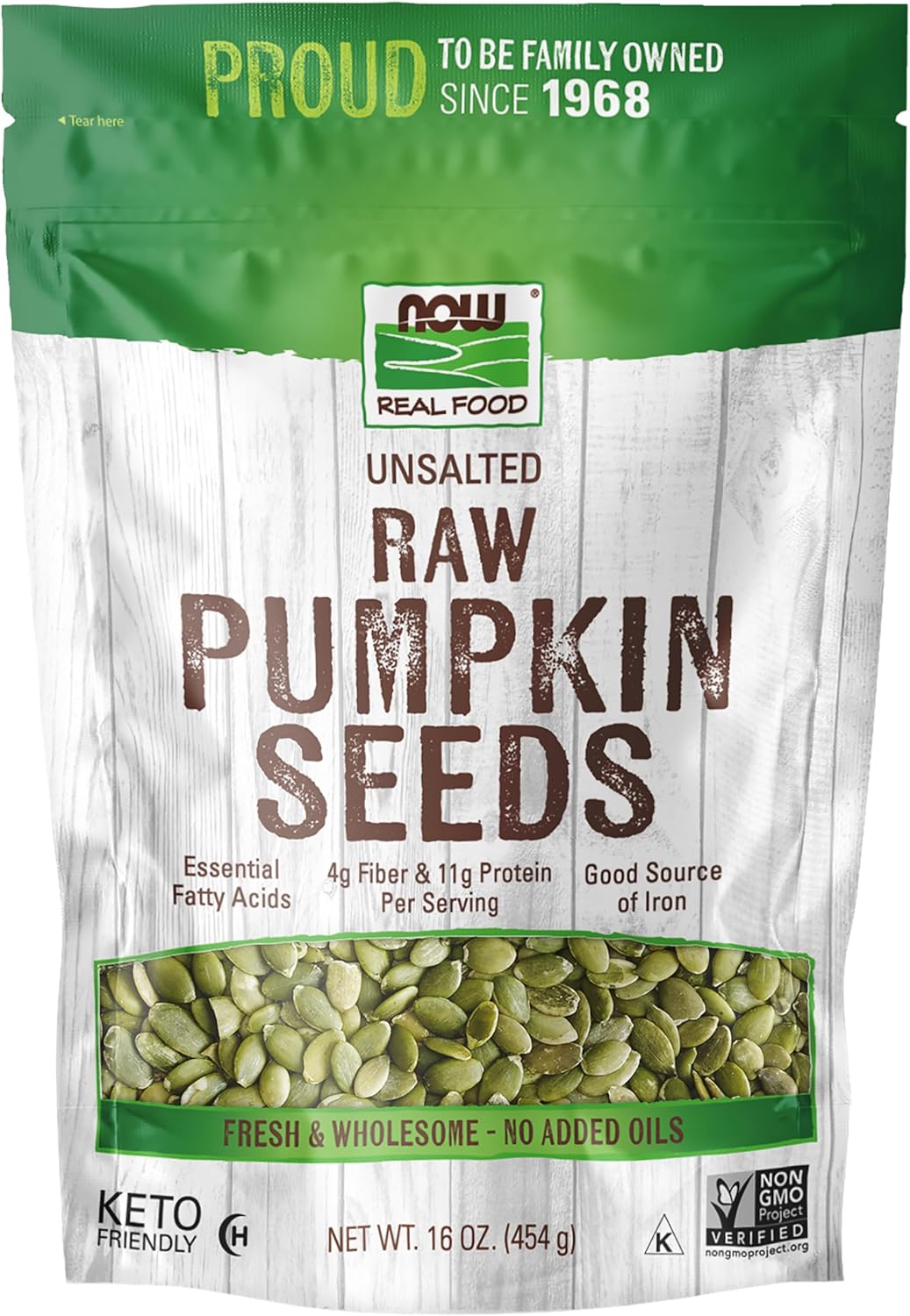 NOW Foods, Pumpkin Seeds, Raw and Unsalted, Essential Fatty Acids, Rich in Iron, Excellent Source of Protein, Certified Non-GMO, 1-Pound (Packaging May Vary)
