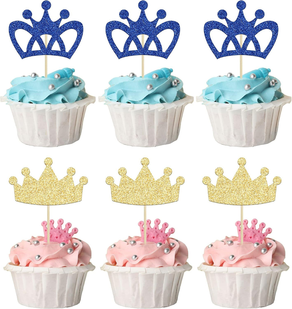 24Pcs Crown Cupcake Toppers Prince and Princes Blue Gold Glitter Royal Crown Cupcake Picks King Queen Crown Cupcake Decors for Prince Crown Theme Baby Shower Party Decoration Supplies