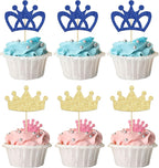 24Pcs Crown Cupcake Toppers Prince and Princes Blue Gold Glitter Royal Crown Cupcake Picks King Queen Crown Cupcake Decors for Prince Crown Theme Baby Shower Party Decoration Supplies