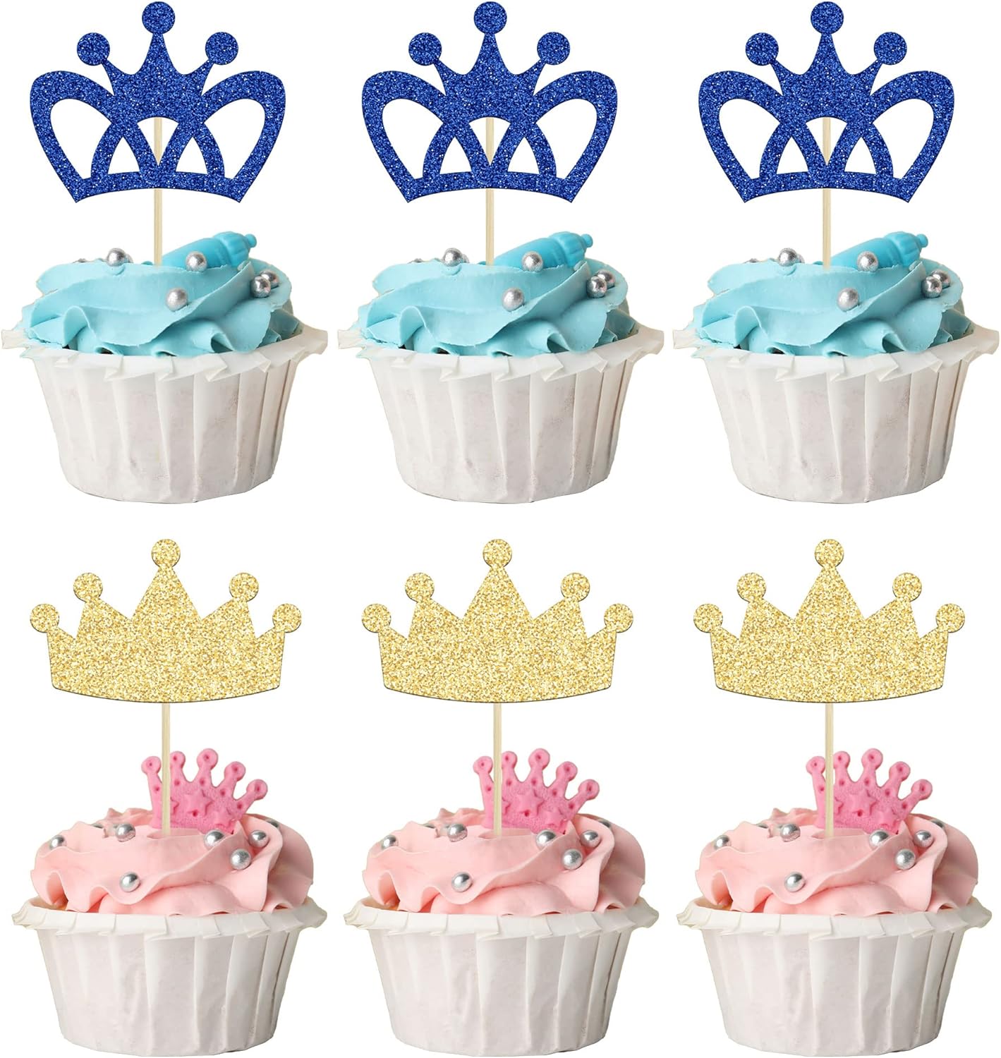 24Pcs Crown Cupcake Toppers Prince and Princes Blue Gold Glitter Royal Crown Cupcake Picks King Queen Crown Cupcake Decors for Prince Crown Theme Baby Shower Party Decoration Supplies