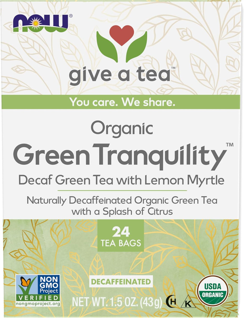 NOW Foods, Certified Organic Green Tranquility™ Tea, Decaf Green with Lemon Myrtle, Non-GMO, Premium Unbleached Tea Bags with No-Staples Design, 24-Count