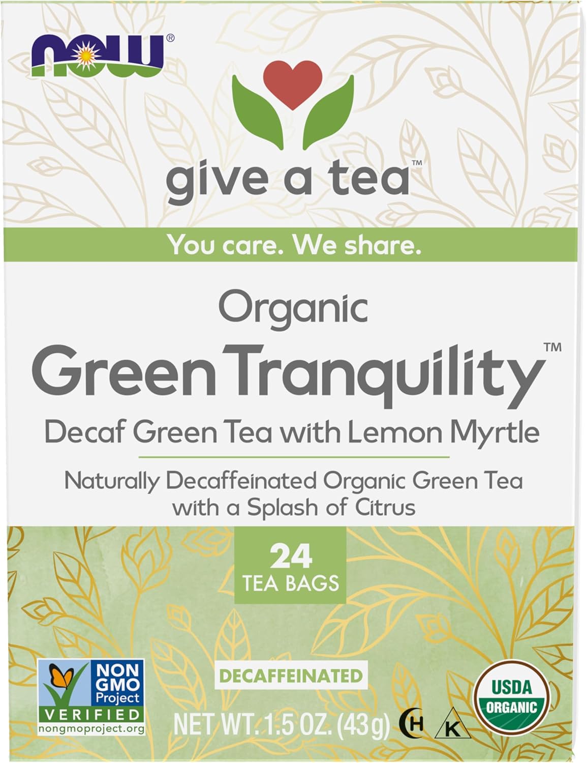 NOW Foods, Certified Organic Green Tranquility™ Tea, Decaf Green with Lemon Myrtle, Non-GMO, Premium Unbleached Tea Bags with No-Staples Design, 24-Count