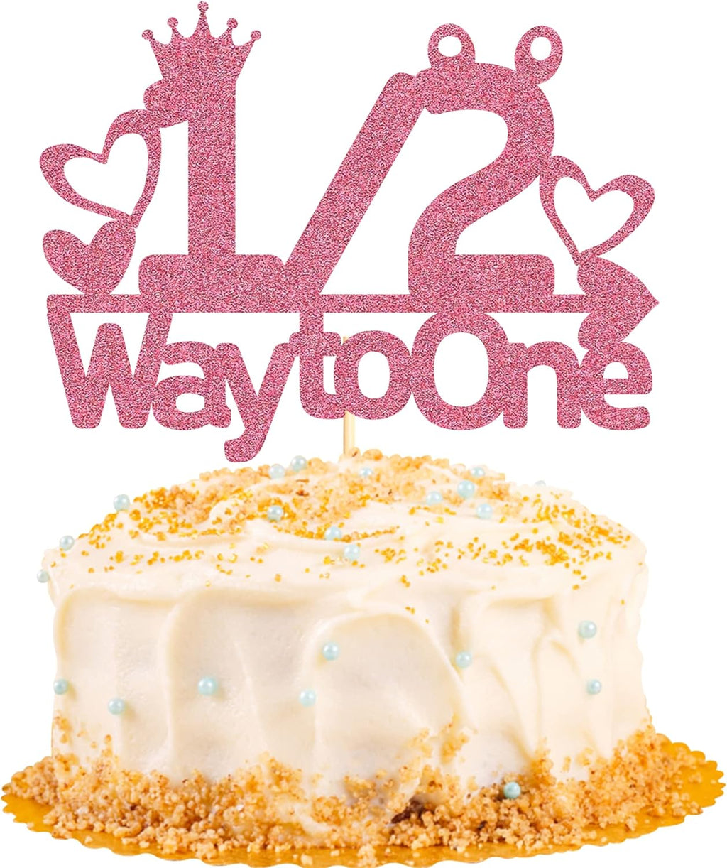 Pink Glitter 1/2 Way to One Cake Topper, 1/2 Birthday Cake Topper, Six Months Cake Topper for Boy Baby's Half Birthday Party, Baby Shower Cake Decorations