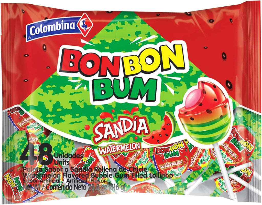 Colombina Bon Bon Bum Lollipops Watermelon Flavor, 48 Count (Pack of 1)