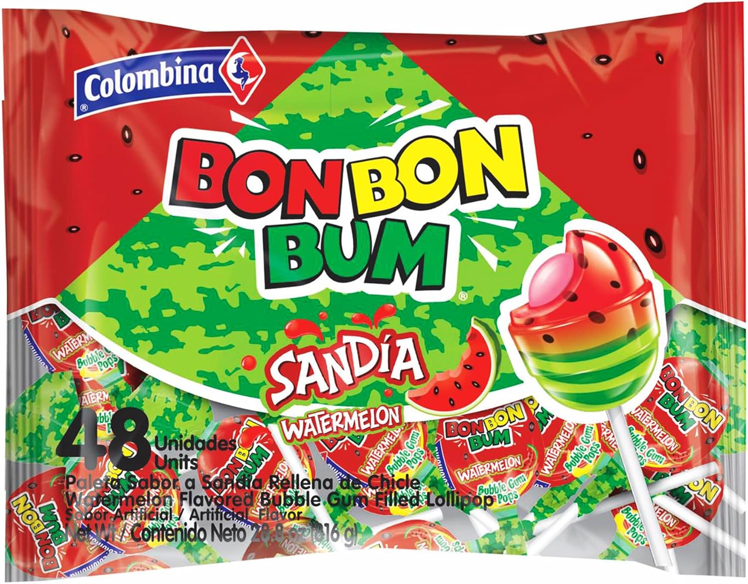 Colombina Bon Bon Bum Lollipops Watermelon Flavor, 48 Count (Pack of 1)