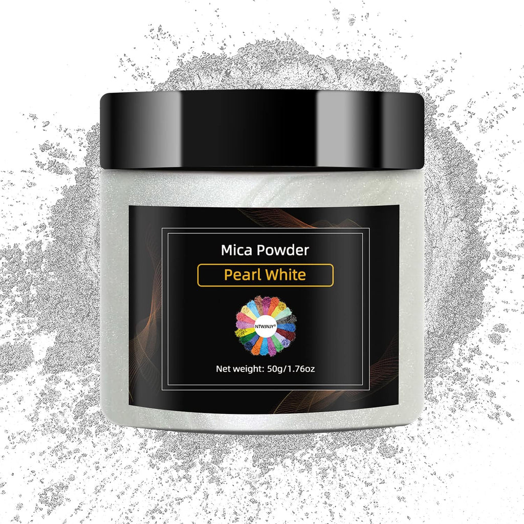 Pearl White Mica Powder for Epoxy Resin，Natural Shimmer Mica Powder Used for Coloring Resin Artwork, car Spray Paint, Candles, soap, Eye Shadow, Lip Gloss, Nail Polish(50g/1.7oz)