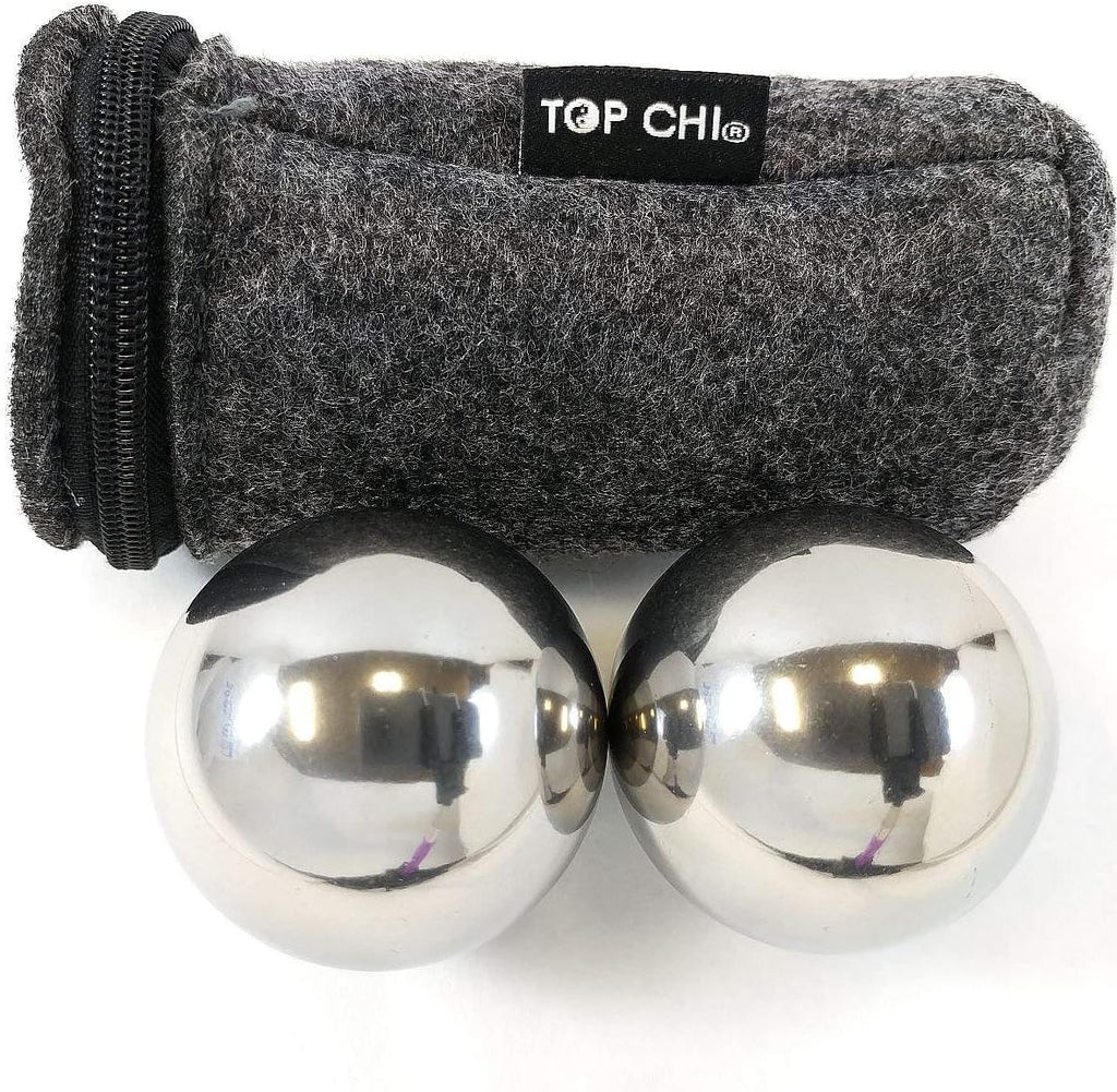 Top Chi 1 lb. 1.5 Inch Solid Stainless Steel Baoding Balls with Carry Pouch. Non-Chiming Chinese Health Balls for Hand Therapy, Exercise, and Stress Relief