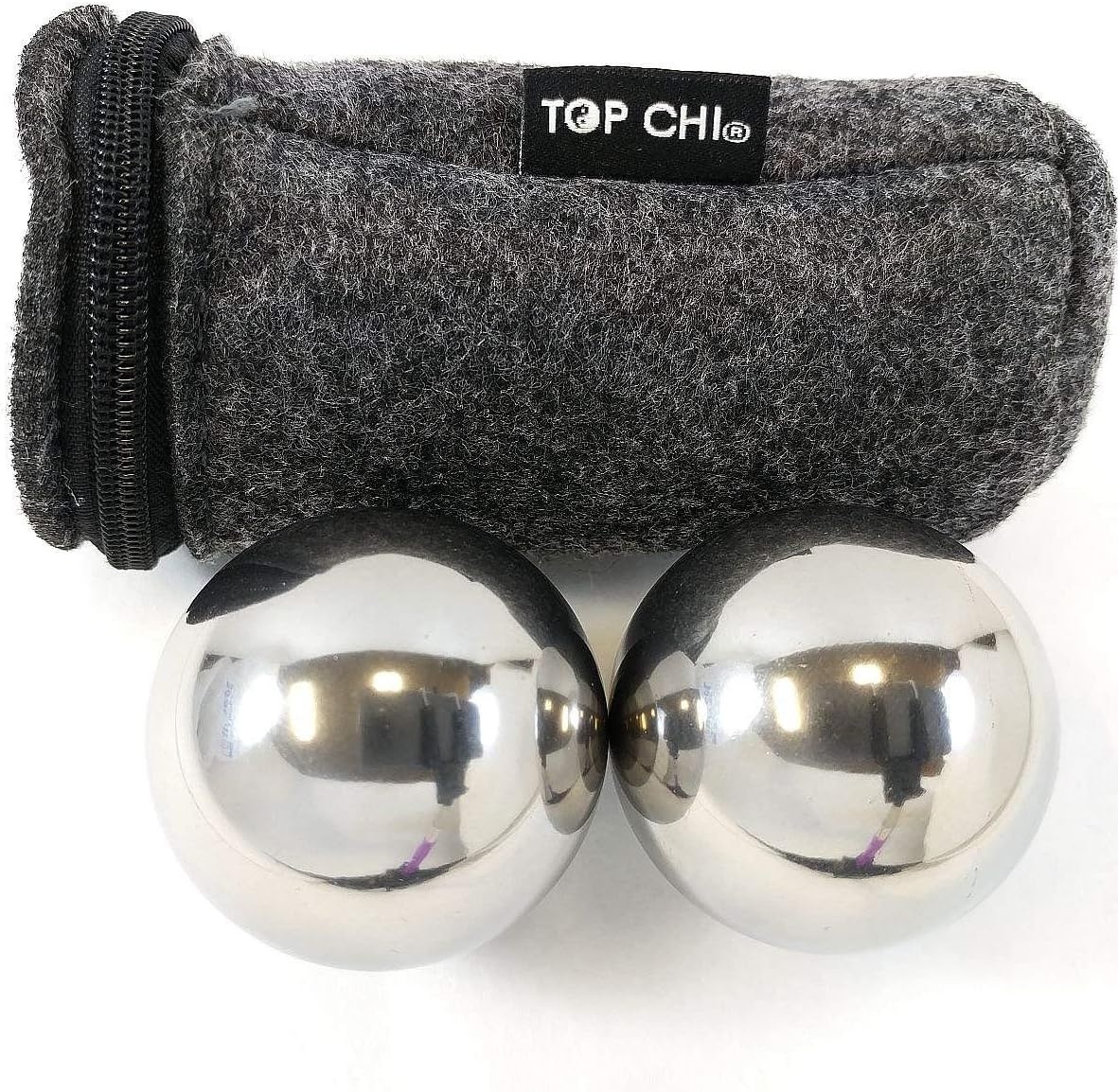 Top Chi 1 lb. 1.5 Inch Solid Stainless Steel Baoding Balls with Carry Pouch. Non-Chiming Chinese Health Balls for Hand Therapy, Exercise, and Stress Relief