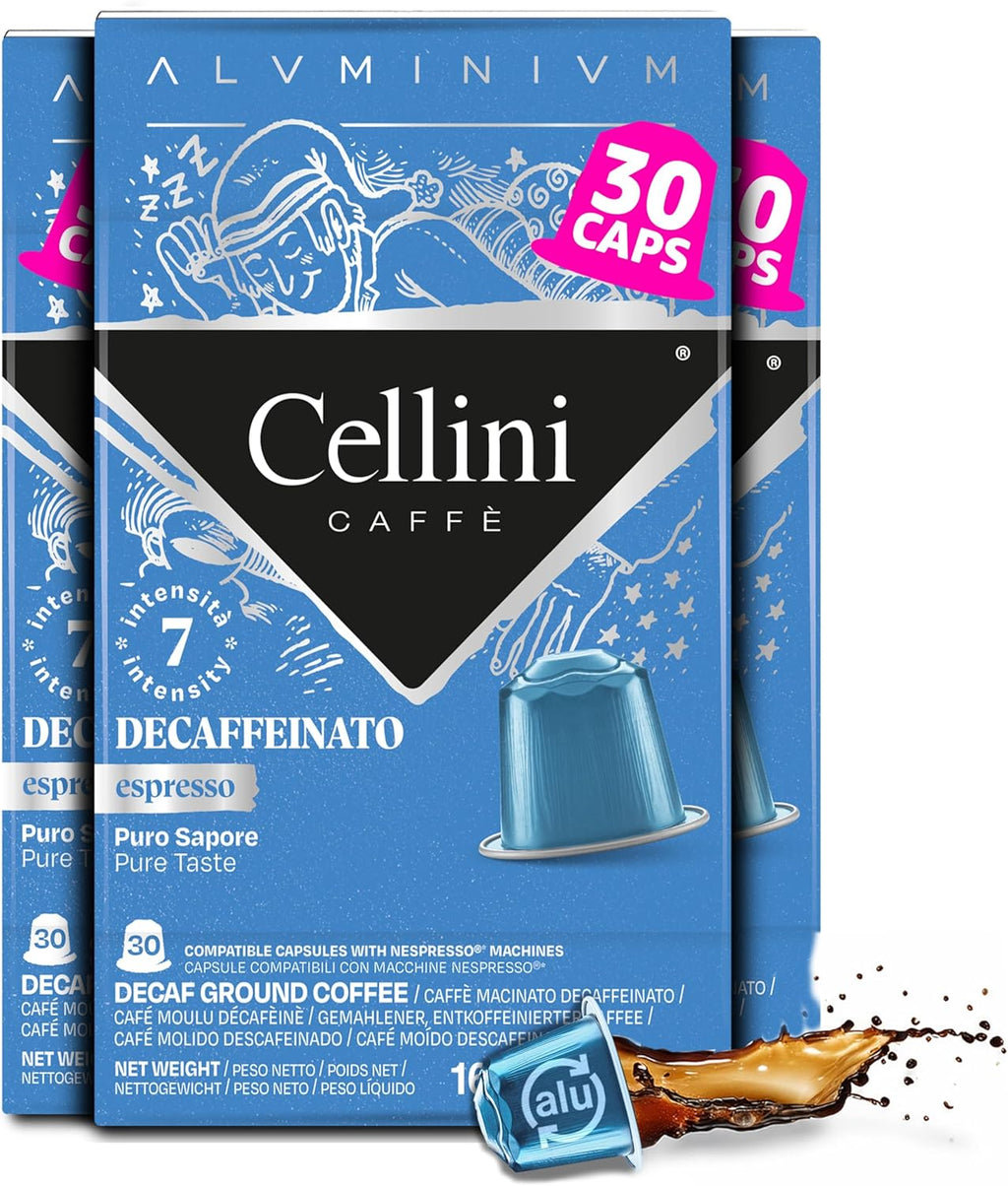 Cellini Caffè Decaffeinato Aluminum Nespresso Pods, 30 Count, Medium Roast Coffee Capsules, 100% Nespresso Original Machine Compatible
