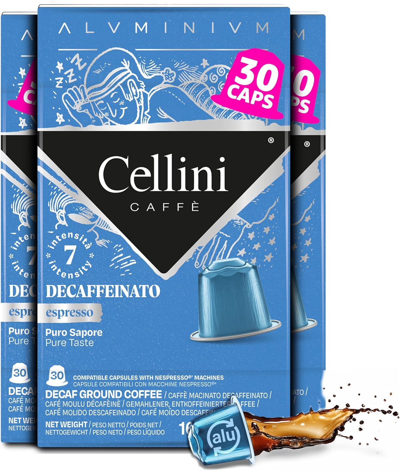 Cellini Caffè Decaffeinato Aluminum Nespresso Pods, 30 Count, Medium Roast Coffee Capsules, 100% Nespresso Original Machine Compatible