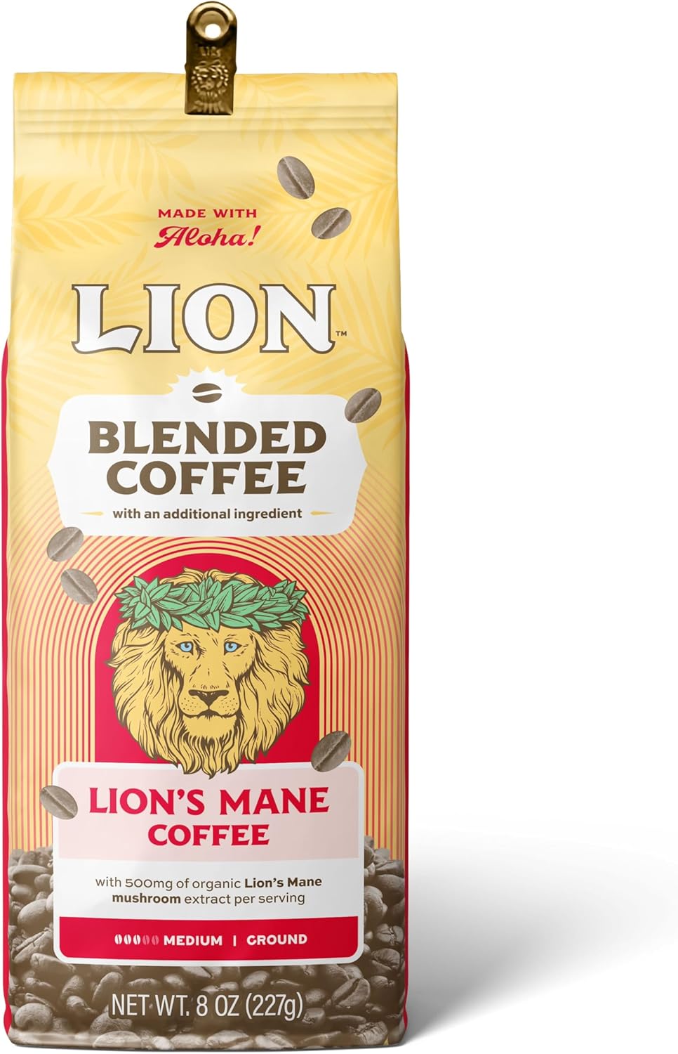 Lion’s Mane Coffee, Medium Roast with 500mg Lions Mane per Serving, Mushroom Coffee for Mental Clarity & Lasting Energy – Smooth Mushroom Blend – Ground - 8oz Bag