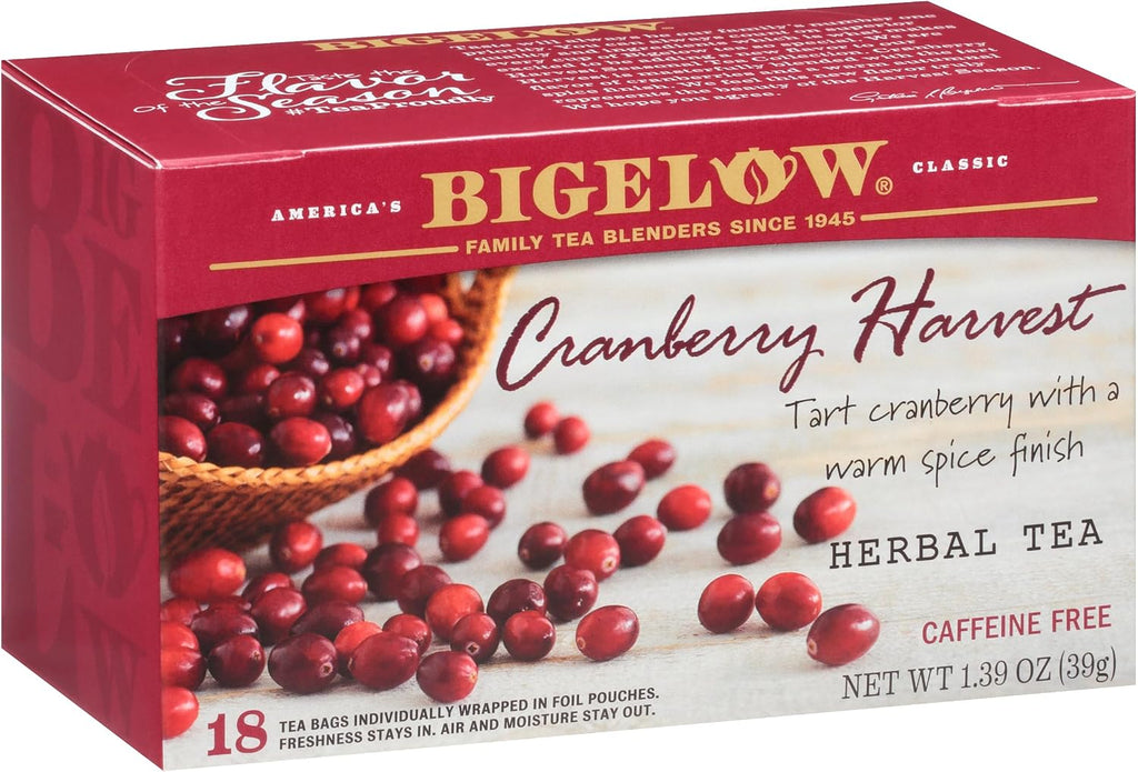 Bigelow Tea Cranberry Harvest Herbal Tea, Caffeine Free Tea with Cranberry and Spice, Holiday and Christmas Tea, 18 Count Box (Pack Of 6), 108 Total Tea Bags