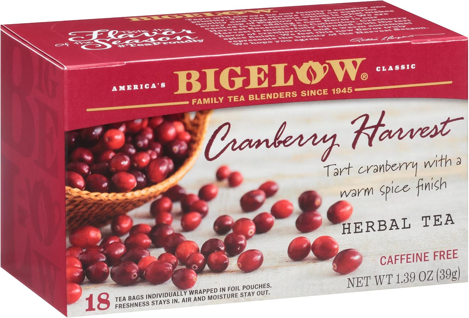 Bigelow Tea Cranberry Harvest Herbal Tea, Caffeine Free Tea with Cranberry and Spice, Holiday and Christmas Tea, 18 Count Box (Pack Of 6), 108 Total Tea Bags