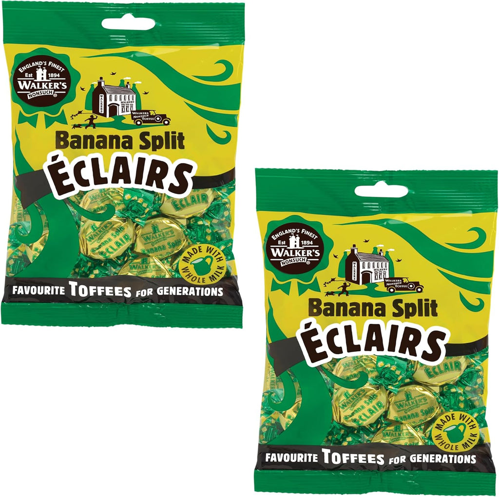 Walkers Nonsuch Banana Split Eclairs Bag 5.29 Oz (Pack of 2) – British Toffee Candy with Condensed Milk & White Chocolate, Imported UK Banana Taffy Caramel Sweets, Individually Wrapped English Toffee