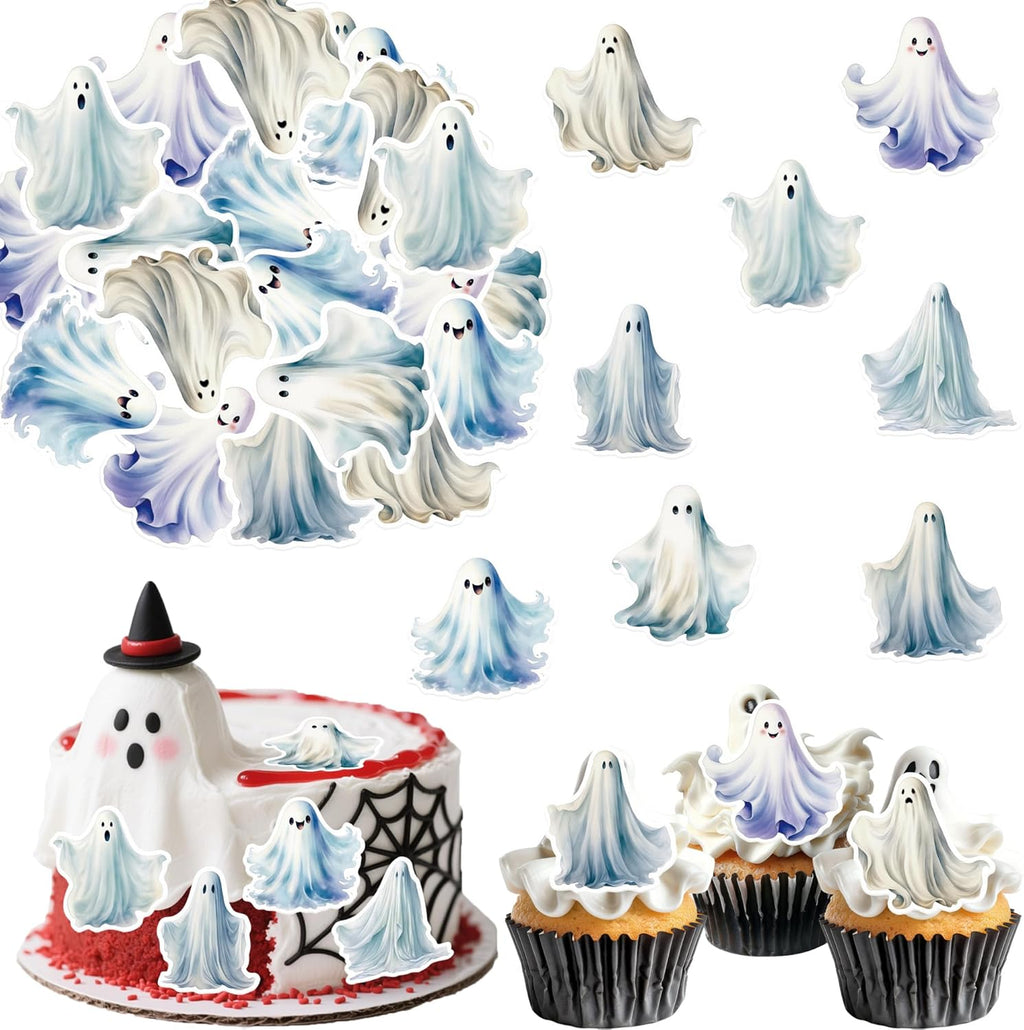 45PCS Edible Ghost Cupcake Toppers Wafer Paper Halloween Specter Cake Picks Edible Spooky Little Boo Cupcake Toppers for Halloween Eve Theme Party Birthday Decor Supplies