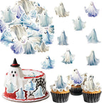 45PCS Edible Ghost Cupcake Toppers Wafer Paper Halloween Specter Cake Picks Edible Spooky Little Boo Cupcake Toppers for Halloween Eve Theme Party Birthday Decor Supplies