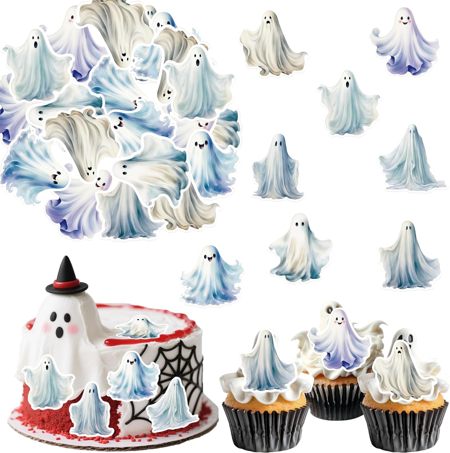 45PCS Edible Ghost Cupcake Toppers Wafer Paper Halloween Specter Cake Picks Edible Spooky Little Boo Cupcake Toppers for Halloween Eve Theme Party Birthday Decor Supplies