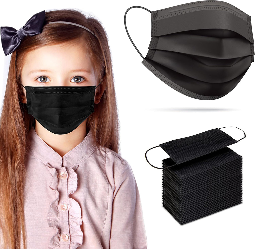 [Pack Of 100] kids Disposable Face Masks Boys and Girls 3-Ply Masks | Facial Cover with Elastic Earloops For Childcare, School (Black)