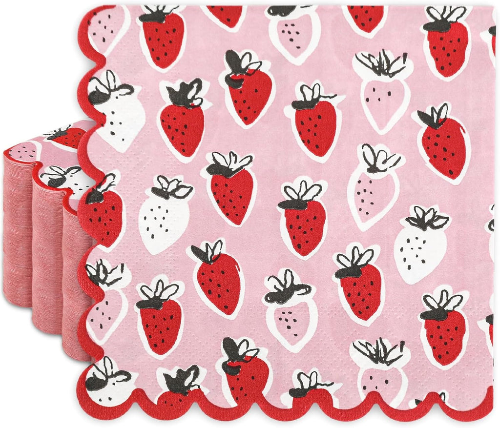 50Pcs Strawberry Paper Napkins Pink Red Summer Fruit Scalloped Disposable Napkin Sweet Decorative Luncheon Dinner Table Napkins for Birthday Baby Shower Wedding Party Supplies