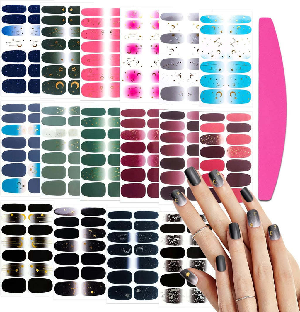 SILPECWEE 16 Sheets Nail Wraps for Women Gradient Star Moon Nail Polish Strips Gel Nail Strips Fingernail Stickers Self Adhesive Nail Polish Stickers for Girl Stick on Nails with 1pc File