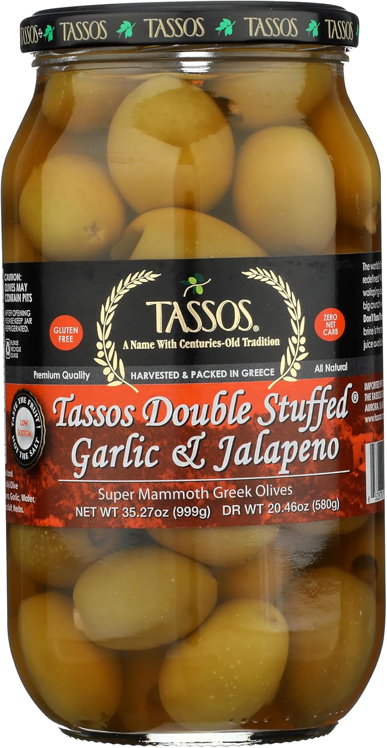 Tassos Double Stuffed Jalapeno-garlic Super Mammoth Greek Olives, 35.27 Oz