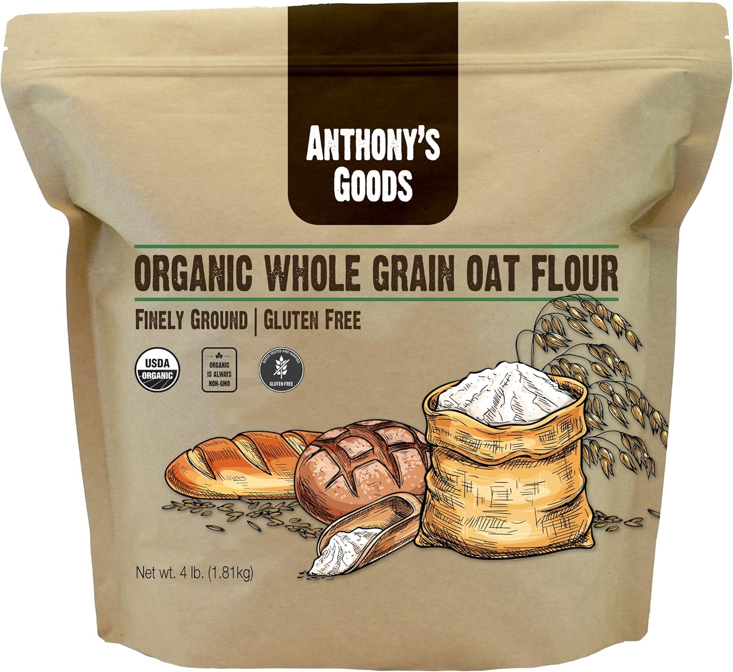 Anthony's Organic Whole Grain Oat Flour, 4 lb, Gluten Free, Non GMO, Non Irradiated, Finely Ground, Vegan