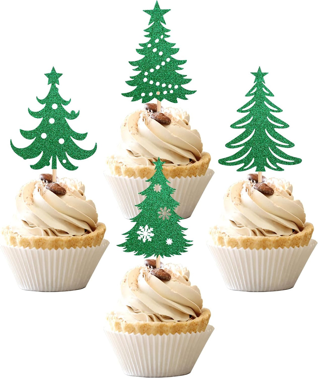 24 PCS Christmas Tree Cupcake Toppers with Star Green Glitter Christmas Tree Cupcake Picks for Merry Christmas Theme New Year Holiday Baby Shower Kids Birthday Party Cake Decorations Supplies