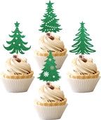 24 PCS Christmas Tree Cupcake Toppers with Star Green Glitter Christmas Tree Cupcake Picks for Merry Christmas Theme New Year Holiday Baby Shower Kids Birthday Party Cake Decorations Supplies