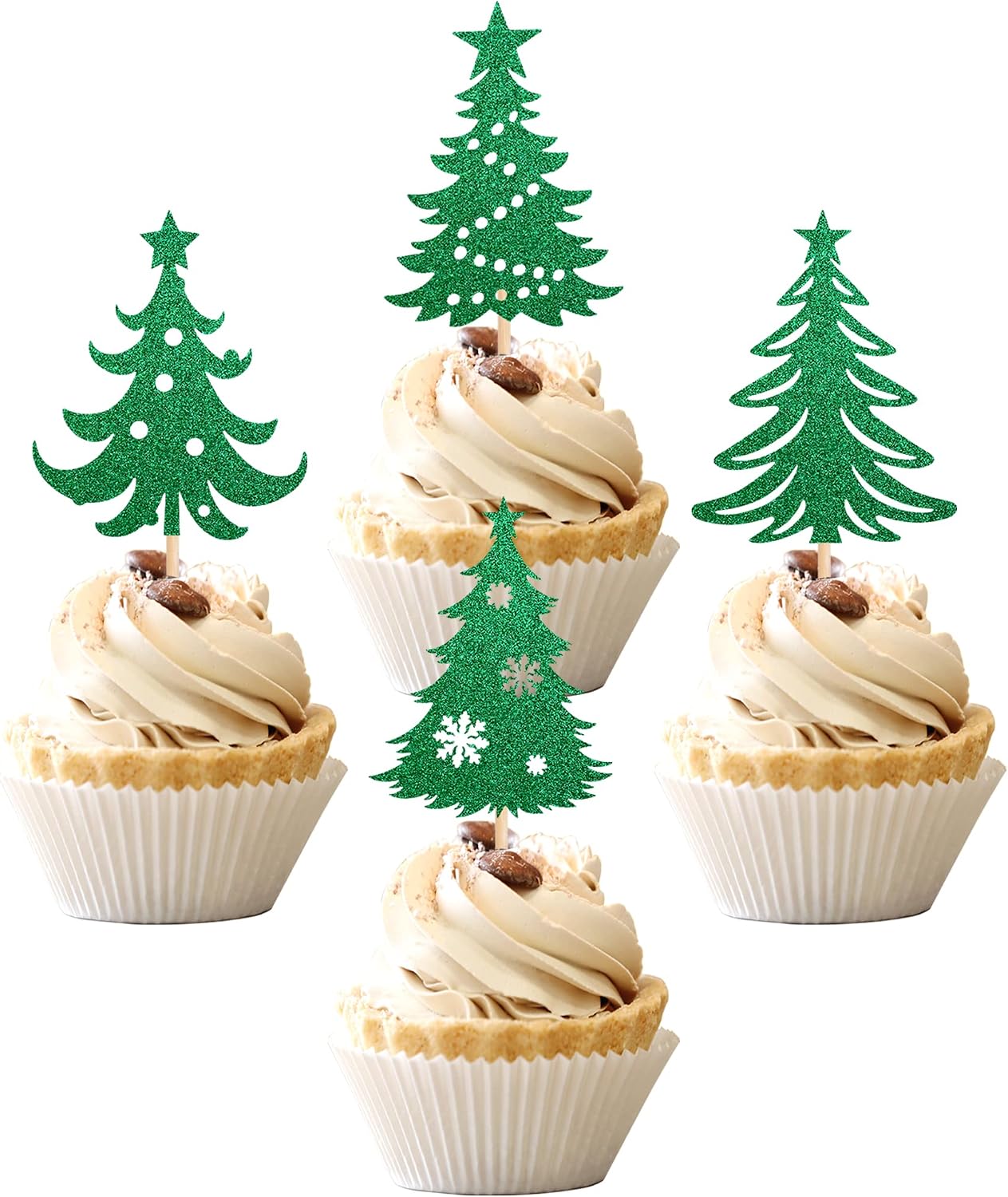 24 PCS Christmas Tree Cupcake Toppers with Star Green Glitter Christmas Tree Cupcake Picks for Merry Christmas Theme New Year Holiday Baby Shower Kids Birthday Party Cake Decorations Supplies