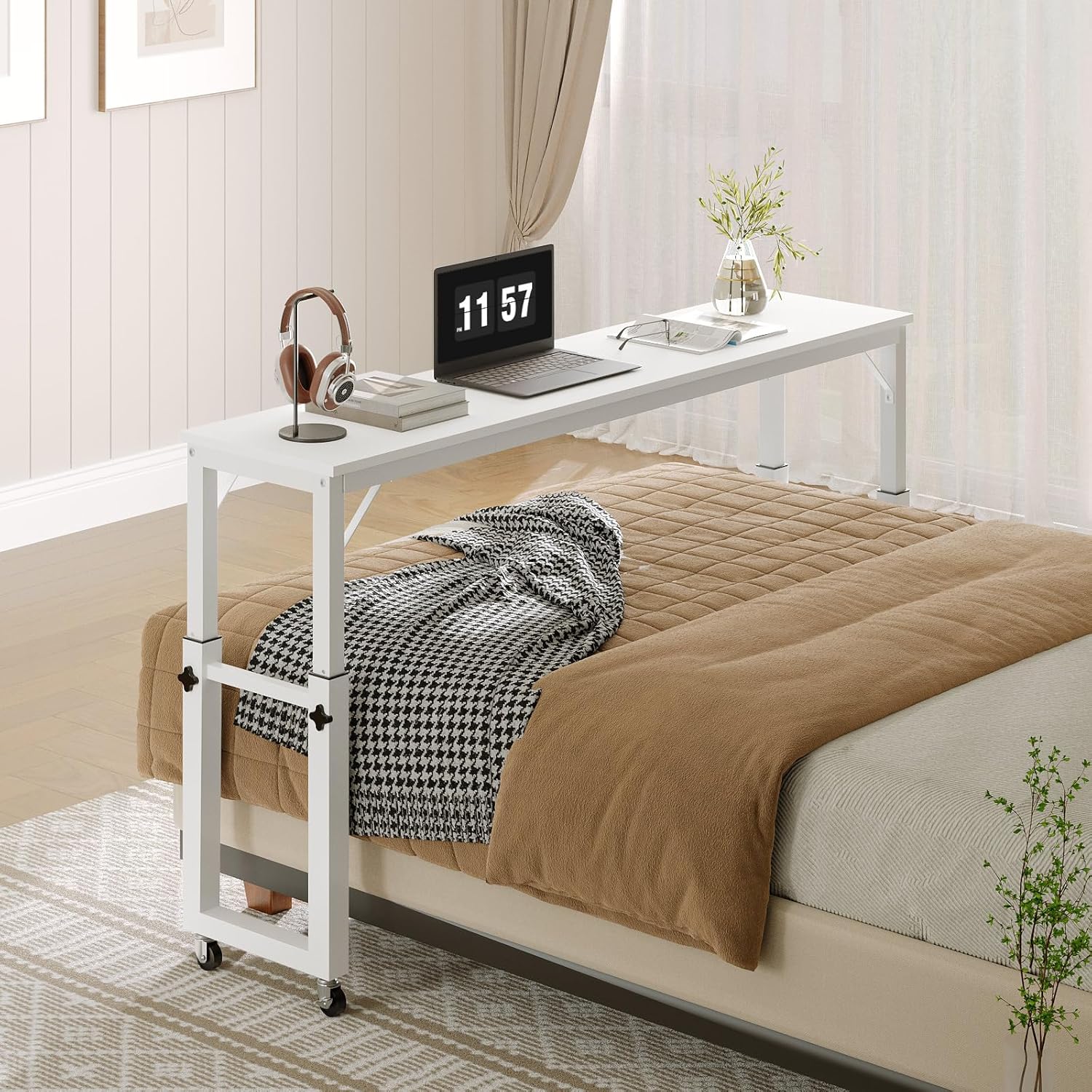 MAHANCRIS Overbed Table with Wheels, Mobile Bed Desk for Queen Size, 36"-43.5" Adjustable Height Rolling Table, Recliner Desk, Mobile Cross Bed for Bedroom, Living Room, Office, White MTWT18001