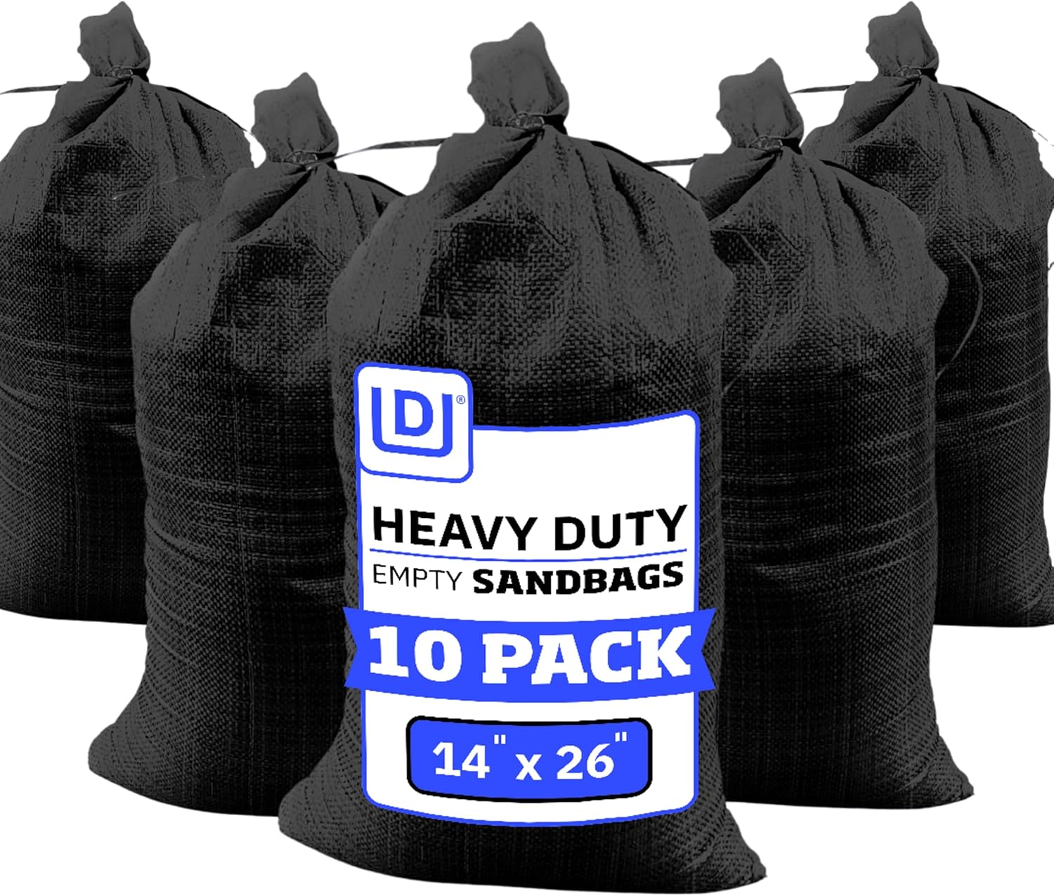 DURASACK Heavy Duty Sand Bags with Tie Strings Empty Woven Polypropylene Sand-Bags for Flood Control with 1600 Hours of UV Protection, 50 lbs Capacity, 14x26 inches, Black, Pack of 10