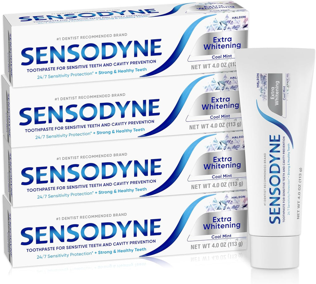Sensodyne Extra Whitening Sensitive Teeth and Cavity Prevention Whitening Toothpaste, Amazon Exclusive, Cool Mint, Amazon Exclusive- 4 Ounces (Pack of 4)