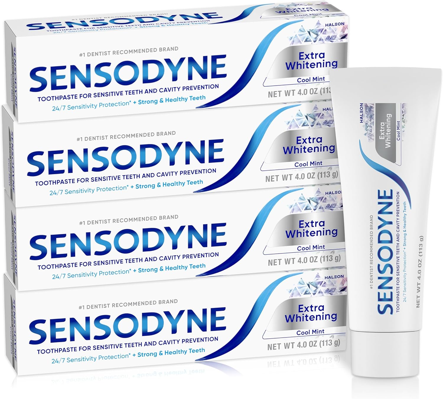 Sensodyne Extra Whitening Sensitive Teeth and Cavity Prevention Whitening Toothpaste, Amazon Exclusive, Cool Mint, Amazon Exclusive- 4 Ounces (Pack of 4)