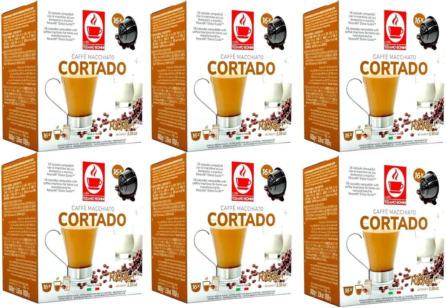 Bonini Dolce Gusto Compatible Cortado Coffee Pods (Pack of 6, Total 96 pods)