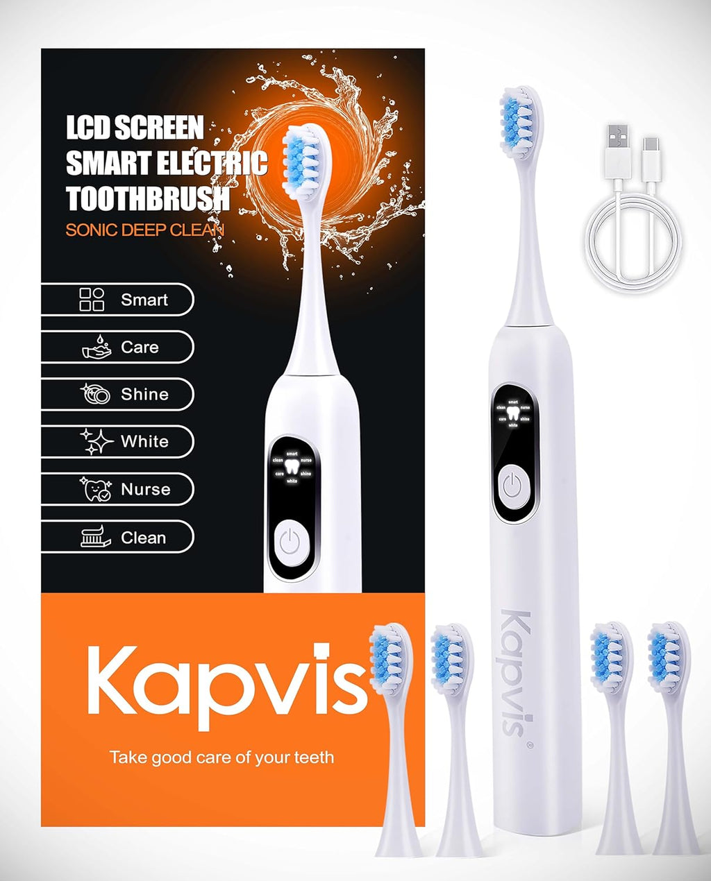 Sonic Electric Toothbrush for Adults, USB Rechargeable Sonic Toothbrush with 4 Brush Heads, Smart Timer, 6 Modes 38000VPM Powered LCD Screen Travel Toothbrushes, 4-Hour Fast Charge Last 30 Days