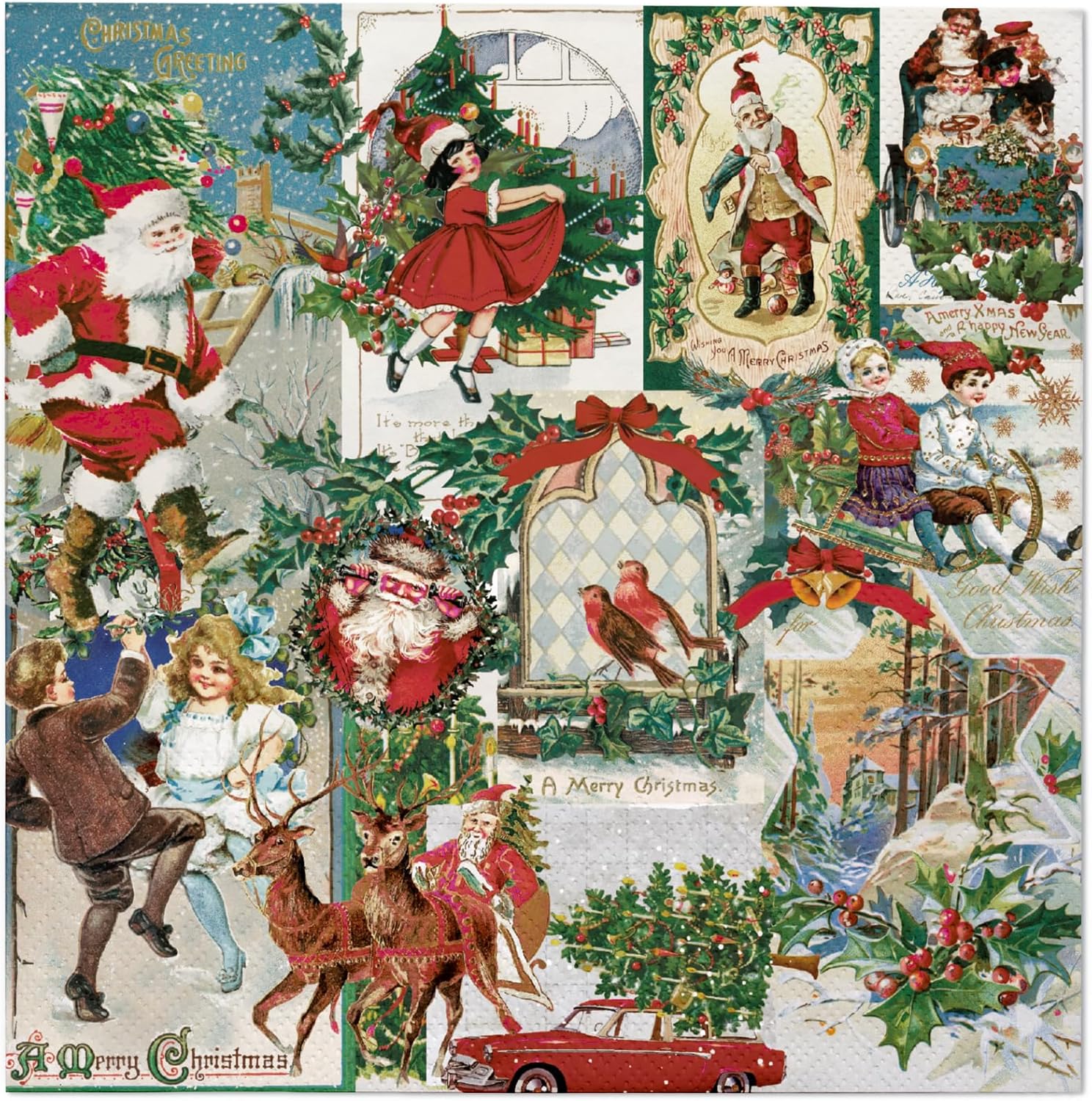 WRAPAHOLIC 50Pcs Christmas Paper Napkins - 3 Ply Vintage Santa Pattern Disposable Luncheon Napkin for Christmas, Holiday, Party Celebration - 6.5 x 6.5 In