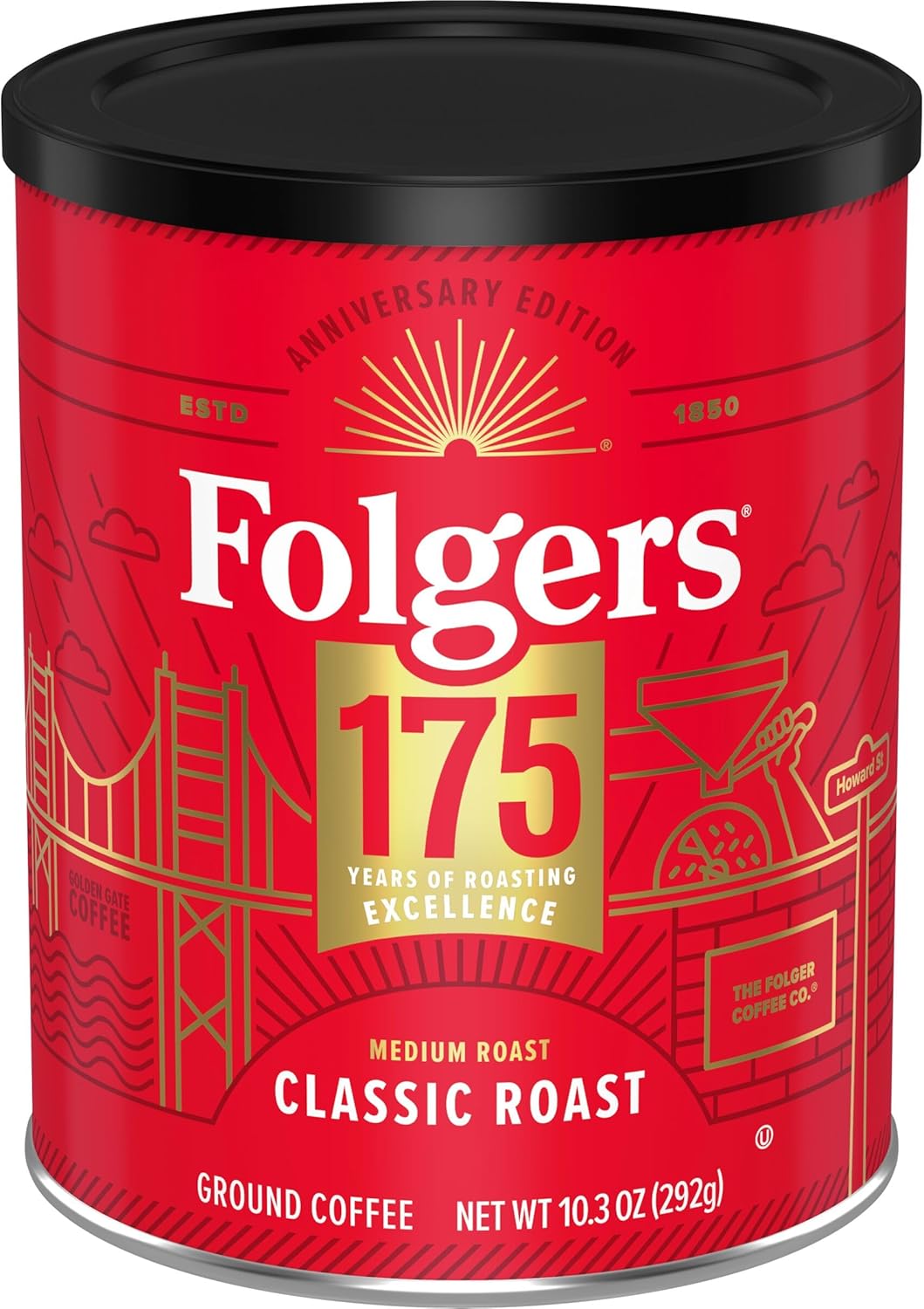 Folgers Classic Medium Roast Ground Coffee, 10.3 Oz 175th Anniversary Limited Edition Metal Can
