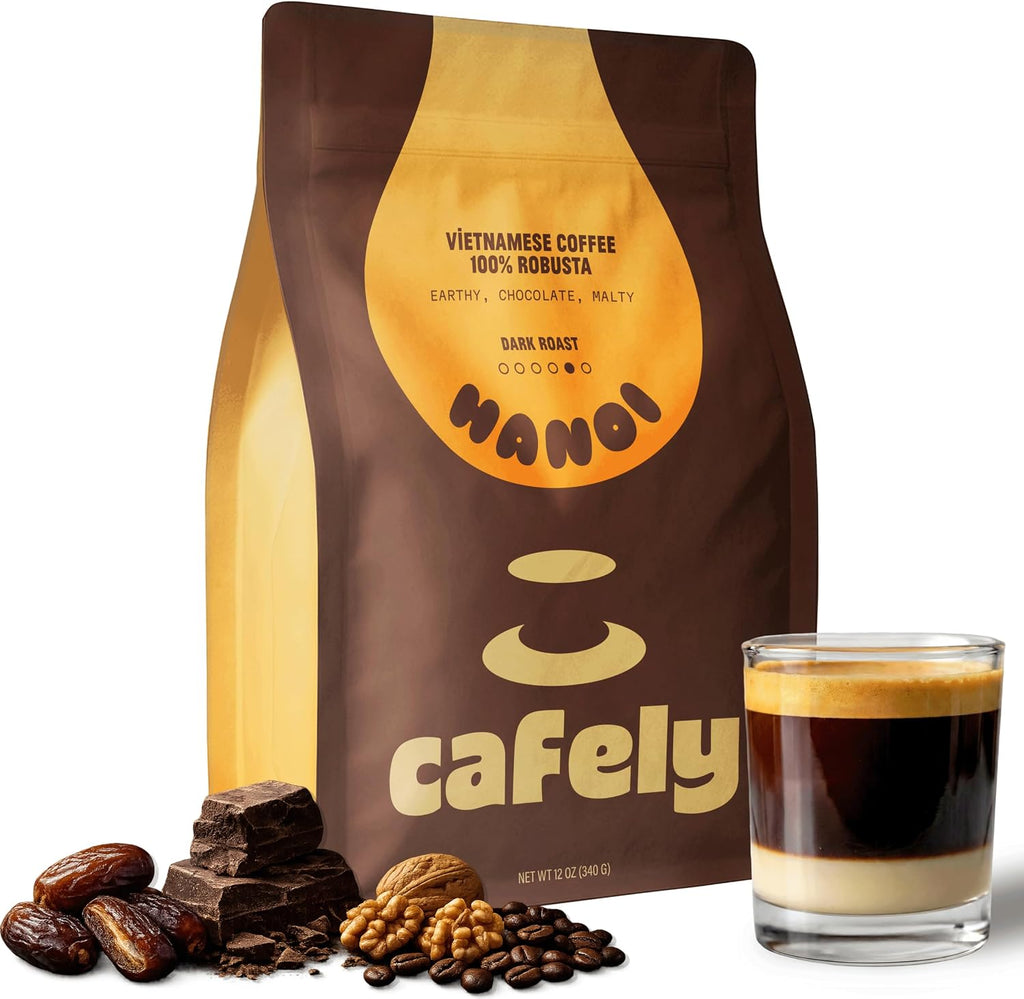 Cafely HaNoi - 100% Robusta Whole Bean Vietnamese Coffee – Dark Roast, High Caffeine (Bold & Punchy), Thick Crema, Low Acid, Single Origin, Direct Trade, For Espresso, Phin, French Press, 12 oz