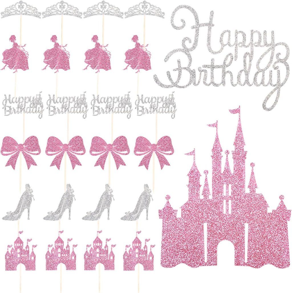 Wootkey 26Pcs Castle Princess Cake Topper Silver Pink Glitter Princess Cupcake Toppers High Heel Bow Crown Princess Cake Decorations for Princess Birthday Valentine's Day New Year Party Supplies