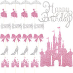 Wootkey 26Pcs Castle Princess Cake Topper Silver Pink Glitter Princess Cupcake Toppers High Heel Bow Crown Princess Cake Decorations for Princess Birthday Valentine's Day New Year Party Supplies