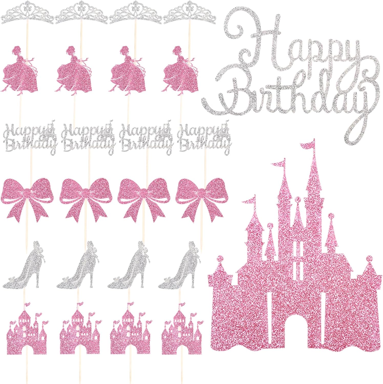 Wootkey 26Pcs Castle Princess Cake Topper Silver Pink Glitter Princess Cupcake Toppers High Heel Bow Crown Princess Cake Decorations for Princess Birthday Valentine's Day New Year Party Supplies