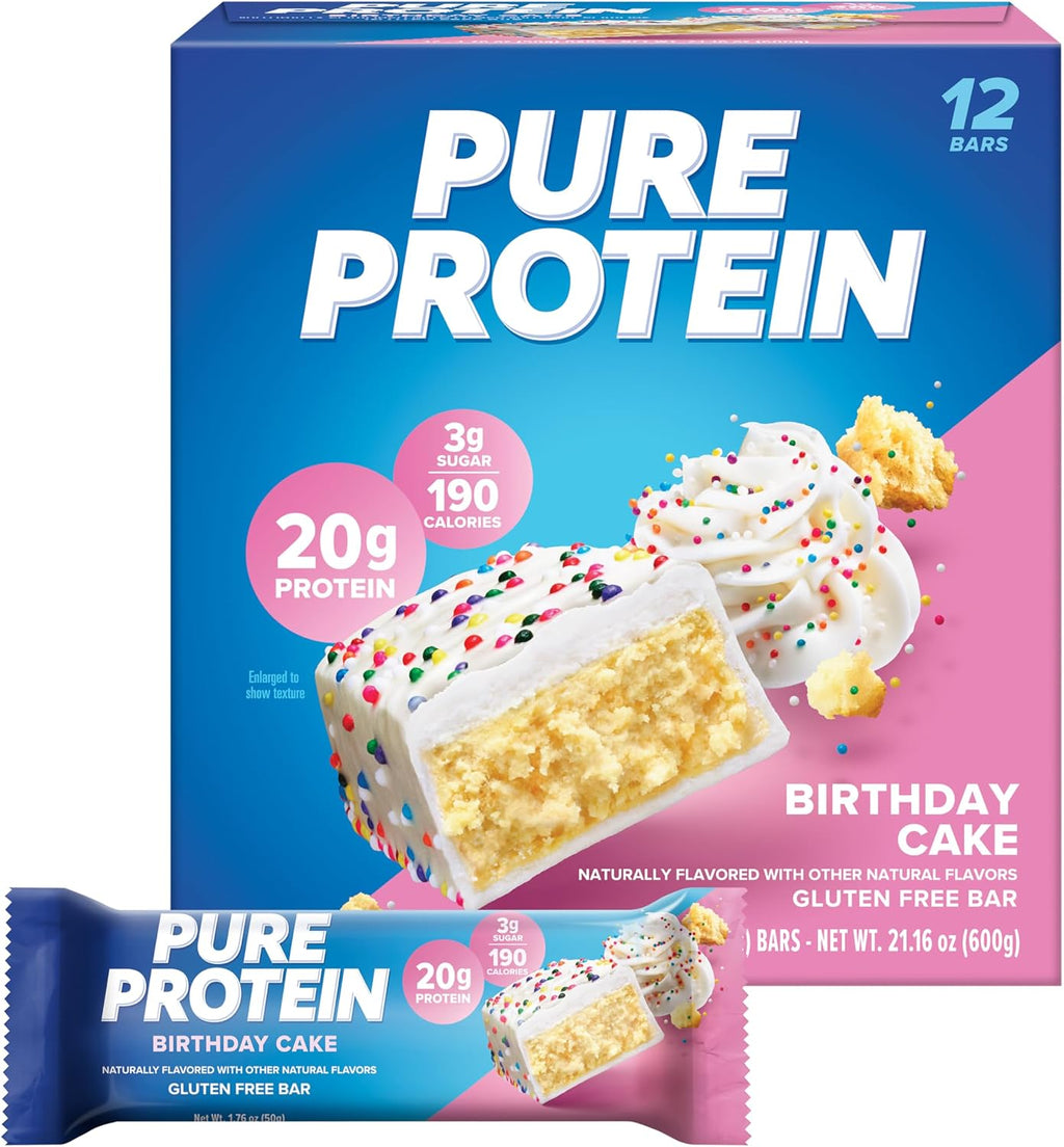 Pure Protein Birthday Cake Protein Bars – 20g Protein, 3g Sugar, 190 Calories (12 count) Low Sugar* High Protein Snack - Gluten Free - Perfect for a Healthy Snack